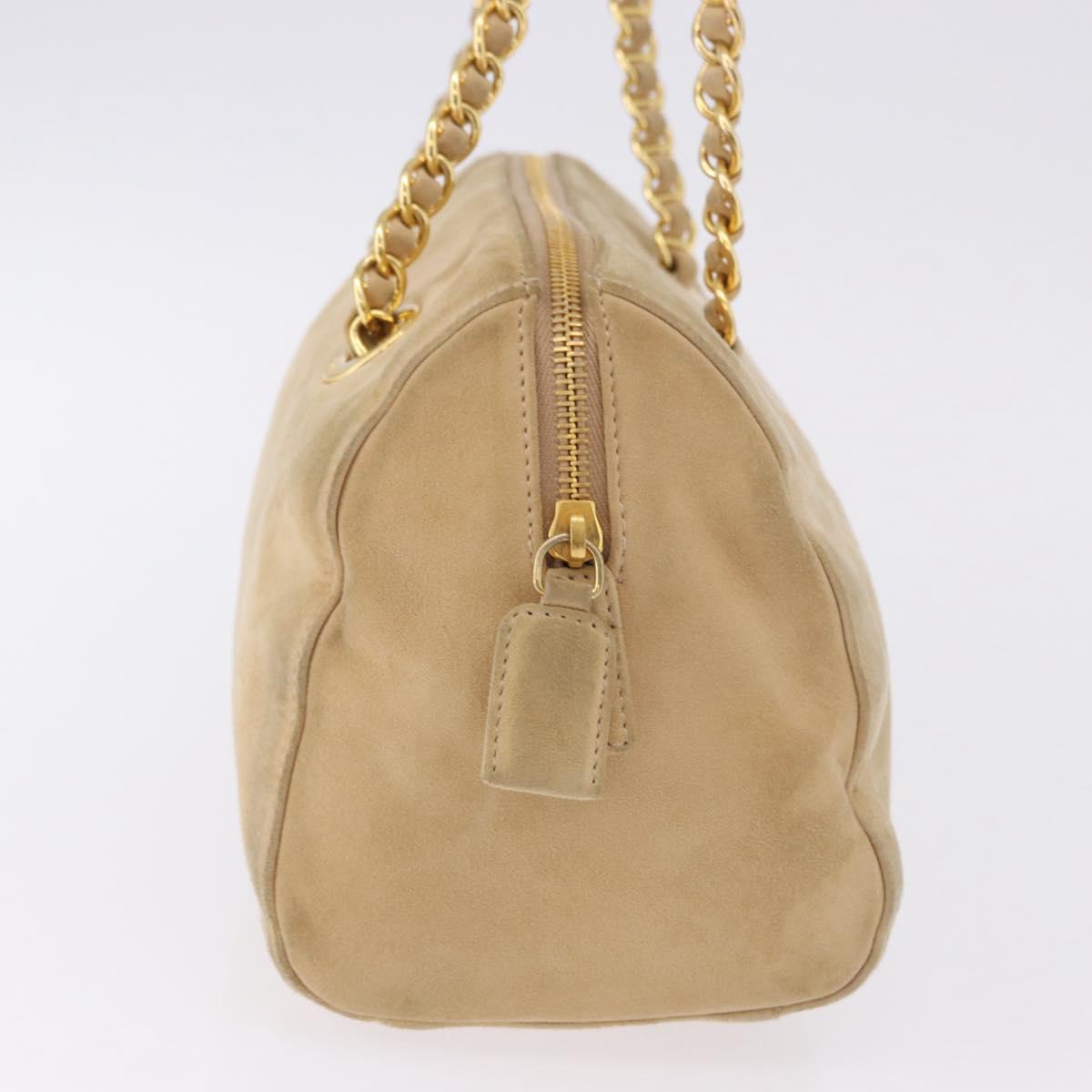 PRADA Hand Bag Suede Beige Gold Auth 194377A