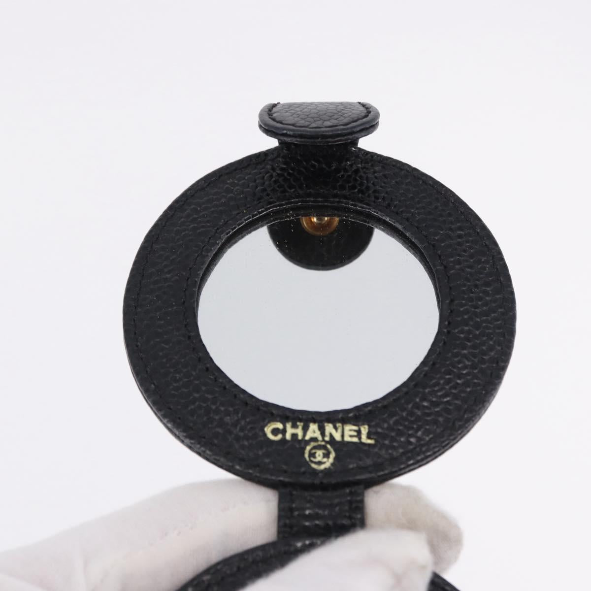 CHANEL COCO Mark Hand Mirror Caviar Skin Black CC Auth 194410M
