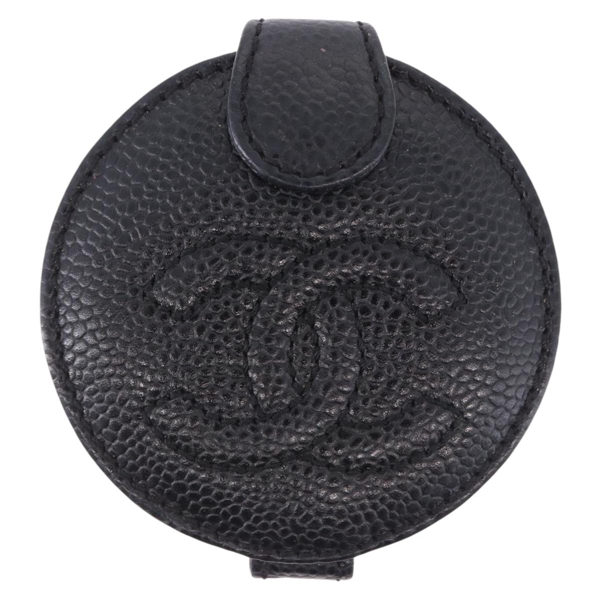 CHANEL COCO Mark Hand Mirror Caviar Skin Black CC Auth 194410M