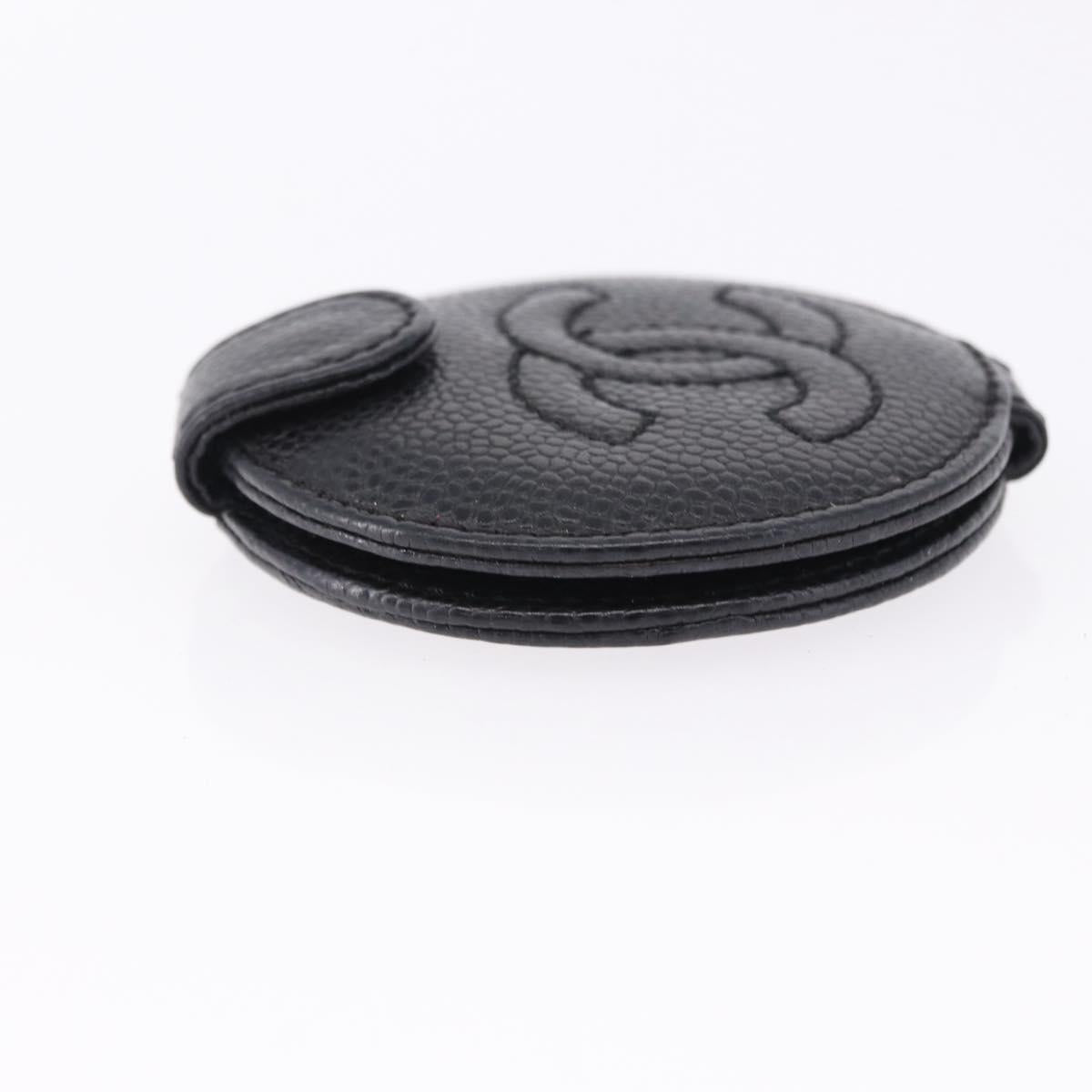CHANEL COCO Mark Hand Mirror Caviar Skin Black CC Auth 194410M
