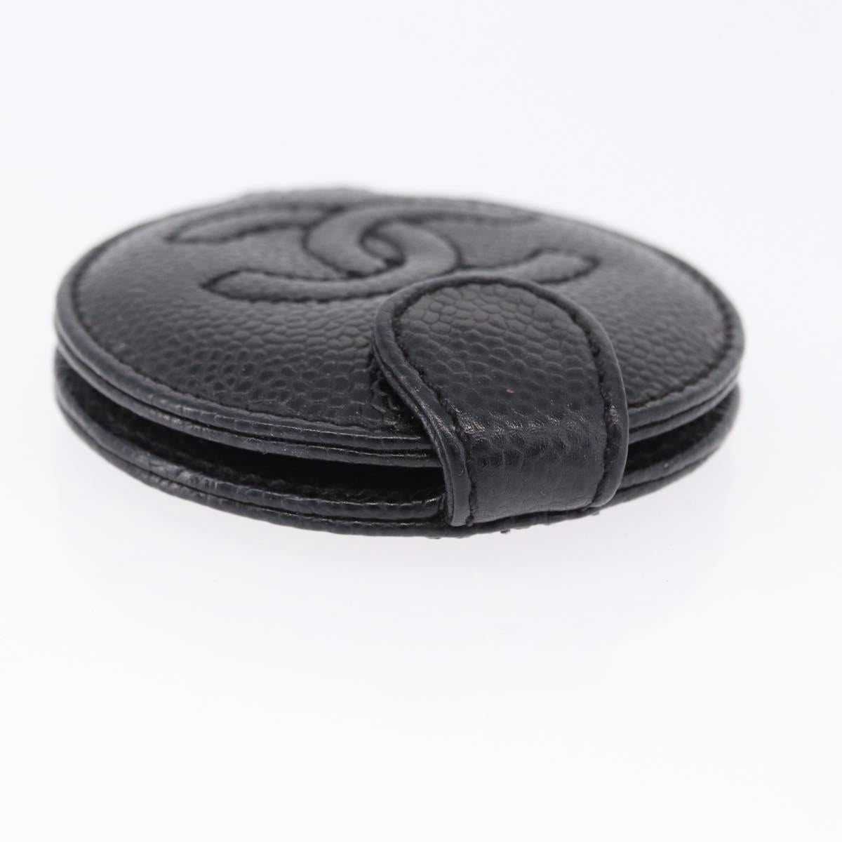 CHANEL COCO Mark Hand Mirror Caviar Skin Black CC Auth 194410M
