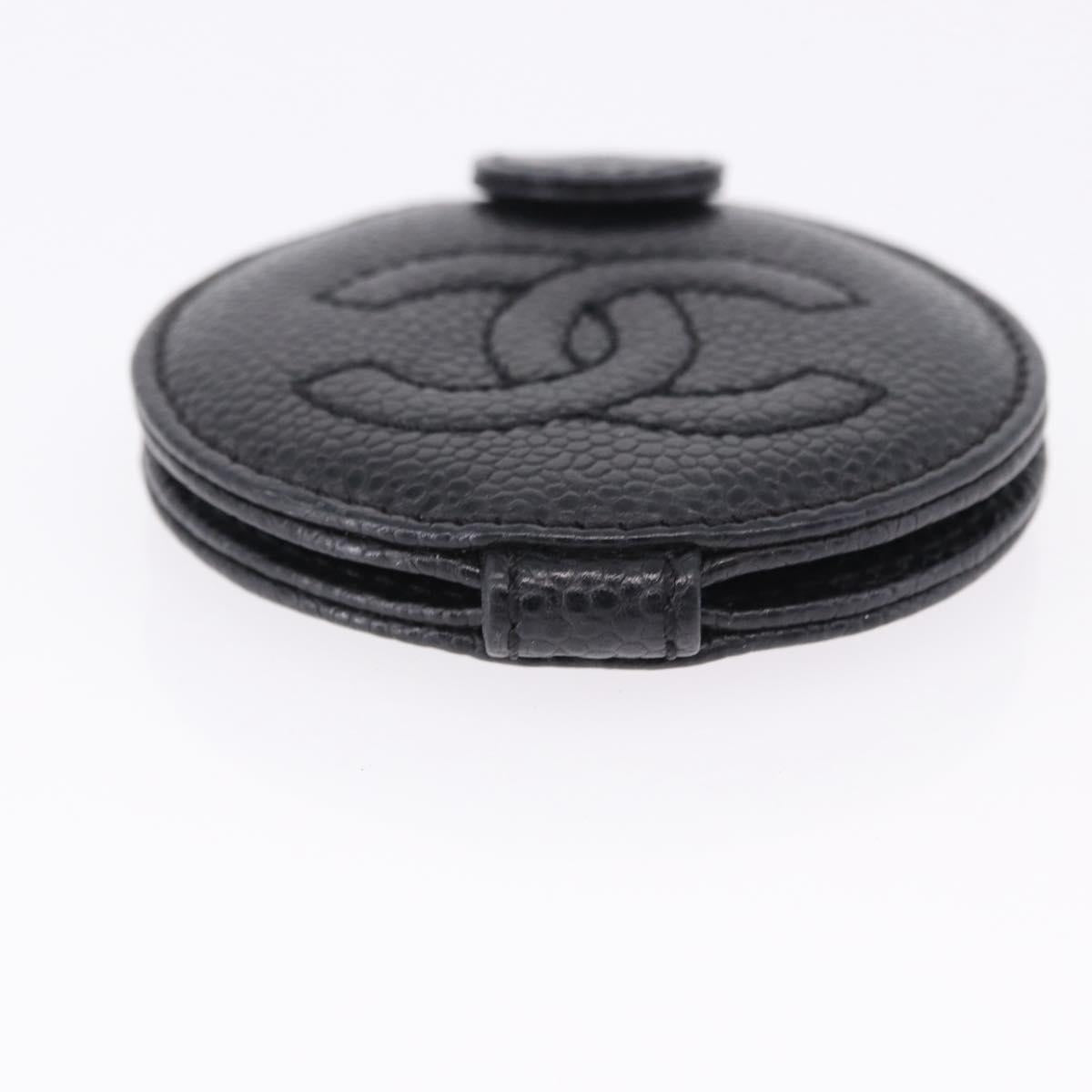 CHANEL COCO Mark Hand Mirror Caviar Skin Black CC Auth 194410M