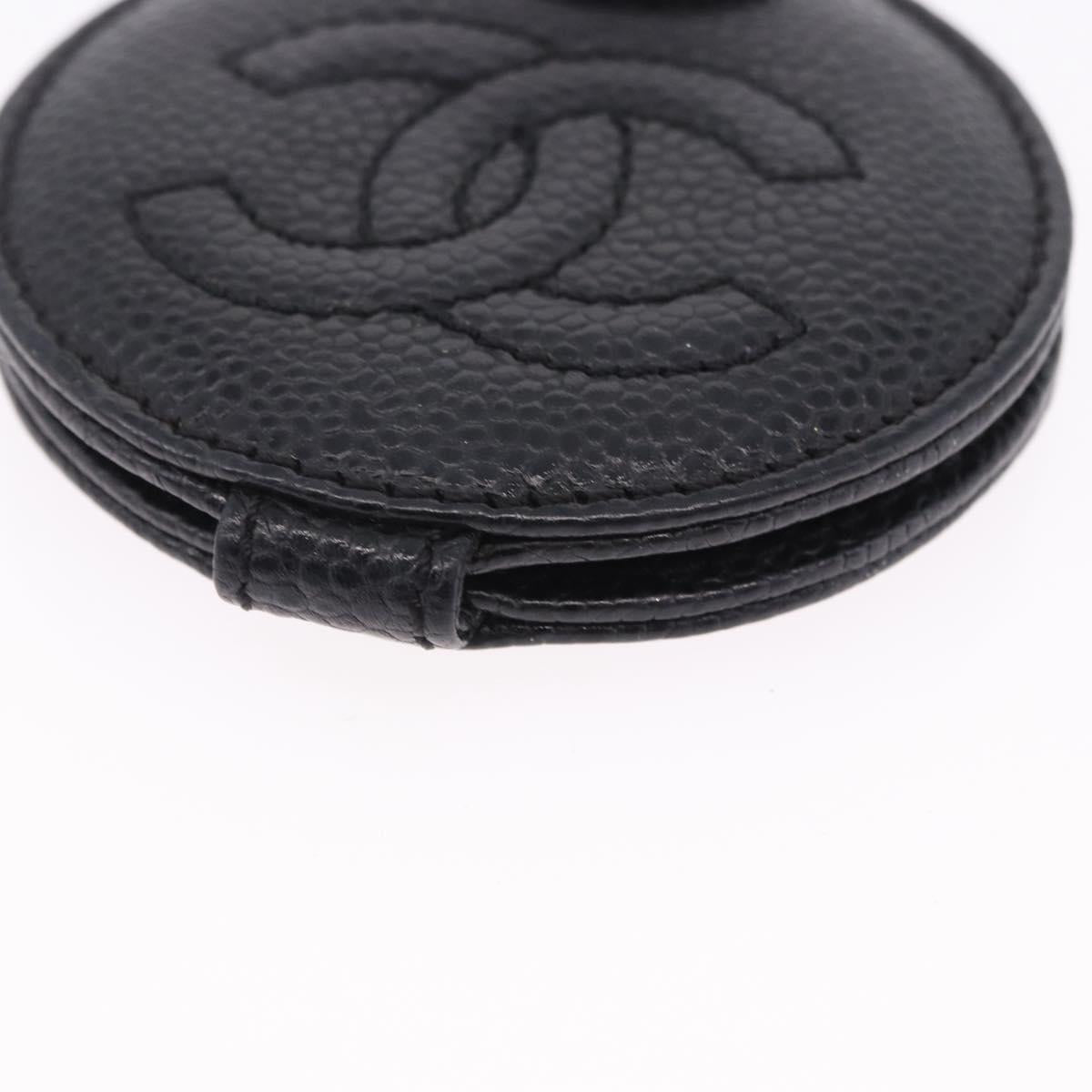CHANEL COCO Mark Hand Mirror Caviar Skin Black CC Auth 194410M