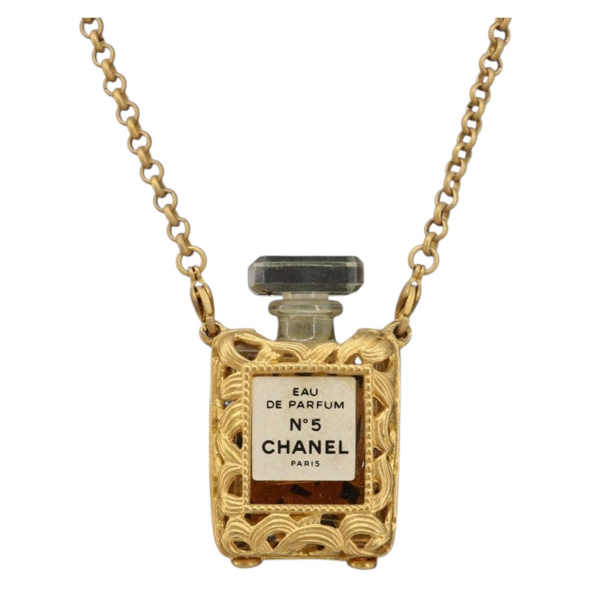 CHANEL Perfume Necklace Metal Gold Tone Clear CC Auth 194412