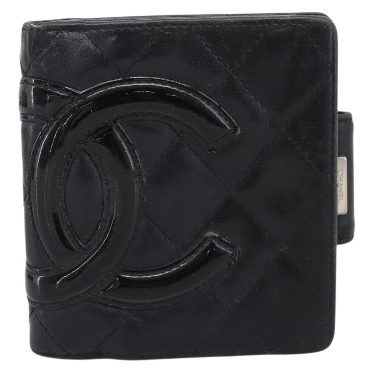 CHANEL Matelasse Cambon Line Bifold Wallet Leather Black Silver CC Auth 194479