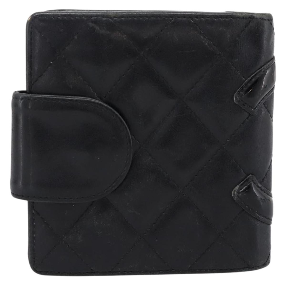 CHANEL Matelasse Cambon Line Bifold Wallet Leather Black Silver CC Auth 194479