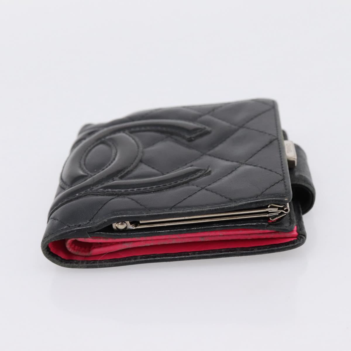 CHANEL Matelasse Cambon Line Bifold Wallet Leather Black Silver CC Auth 194479