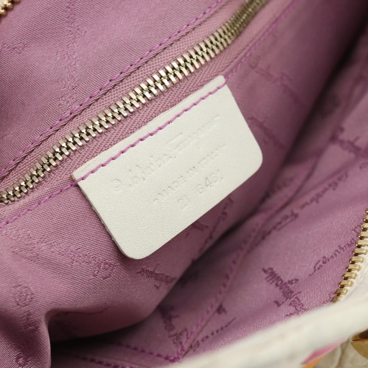 Salvatore Ferragamo Gancini Chain Hand Bag Nylon White Gold Auth 194550A