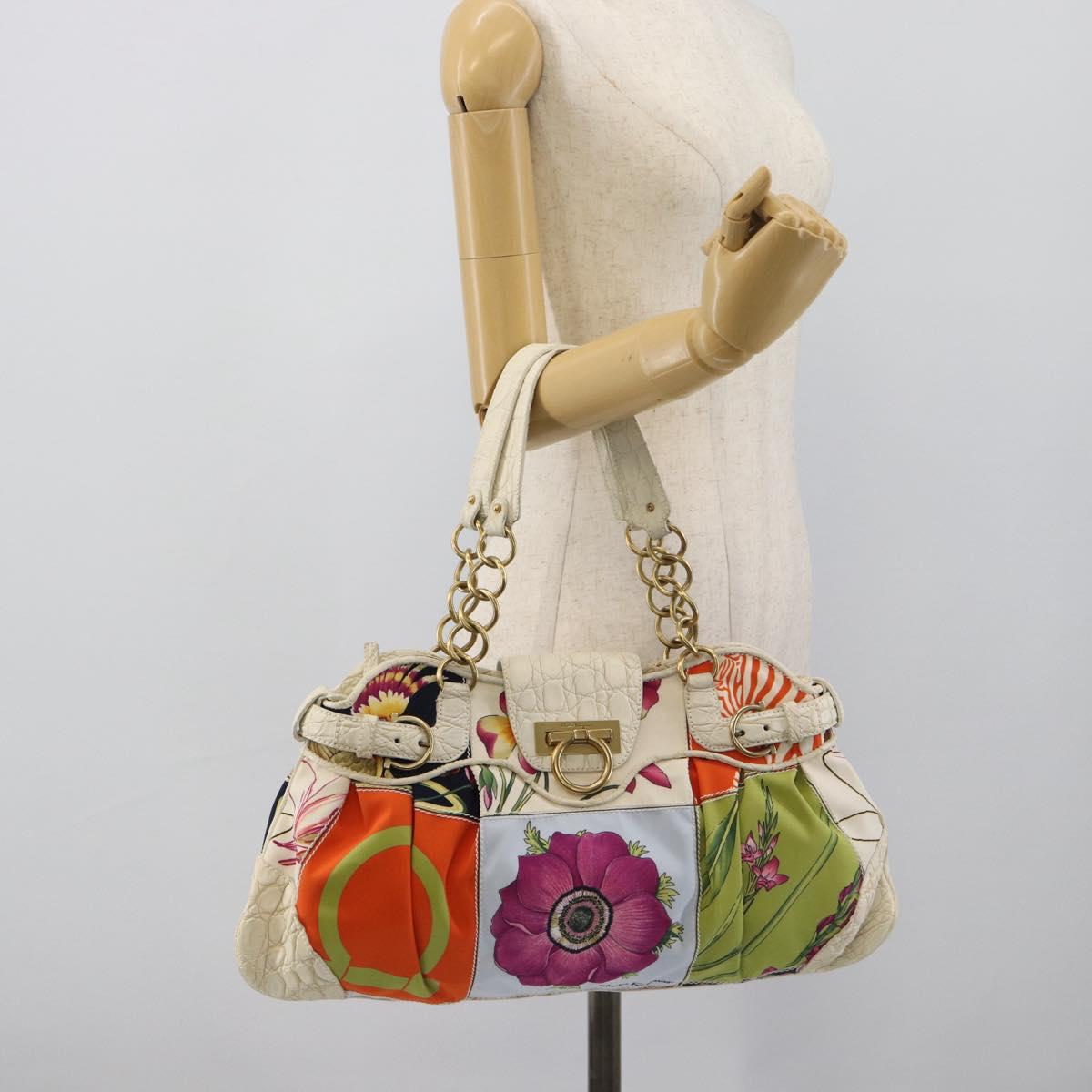 Salvatore Ferragamo Gancini Chain Hand Bag Nylon White Gold Auth 194550A