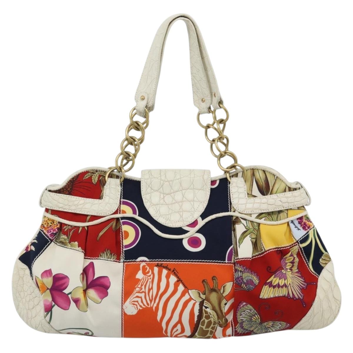 Salvatore Ferragamo Gancini Chain Hand Bag Nylon White Gold Auth 194550A