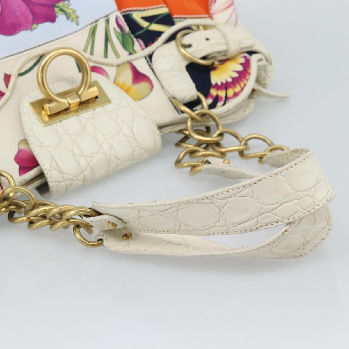 Salvatore Ferragamo Gancini Chain Hand Bag Nylon White Gold Auth 194550A