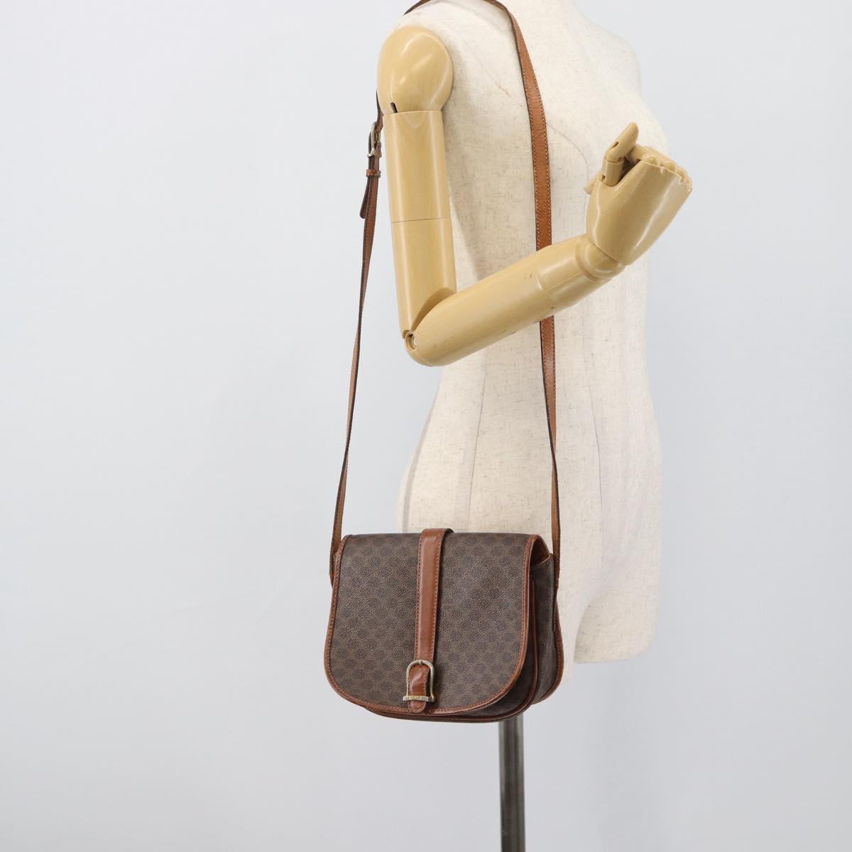 CELINE Macadam Canvas Shoulder Bag PVC Leather Brown Gold Auth 194551