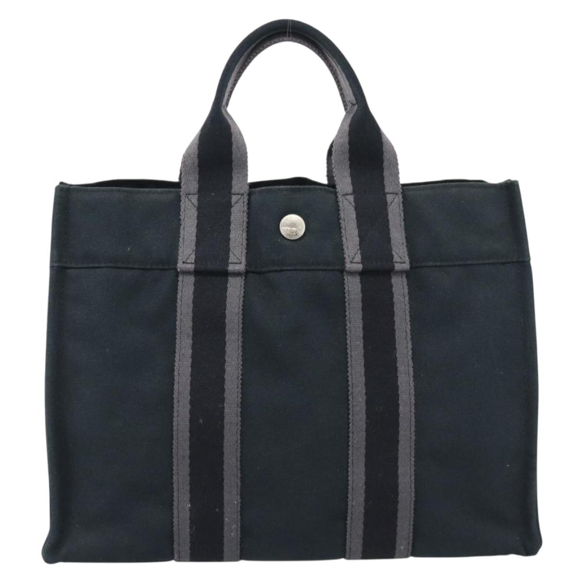 HERMES Fourre Tout PM Hand Bag Canvas Black Silver Auth 194555A