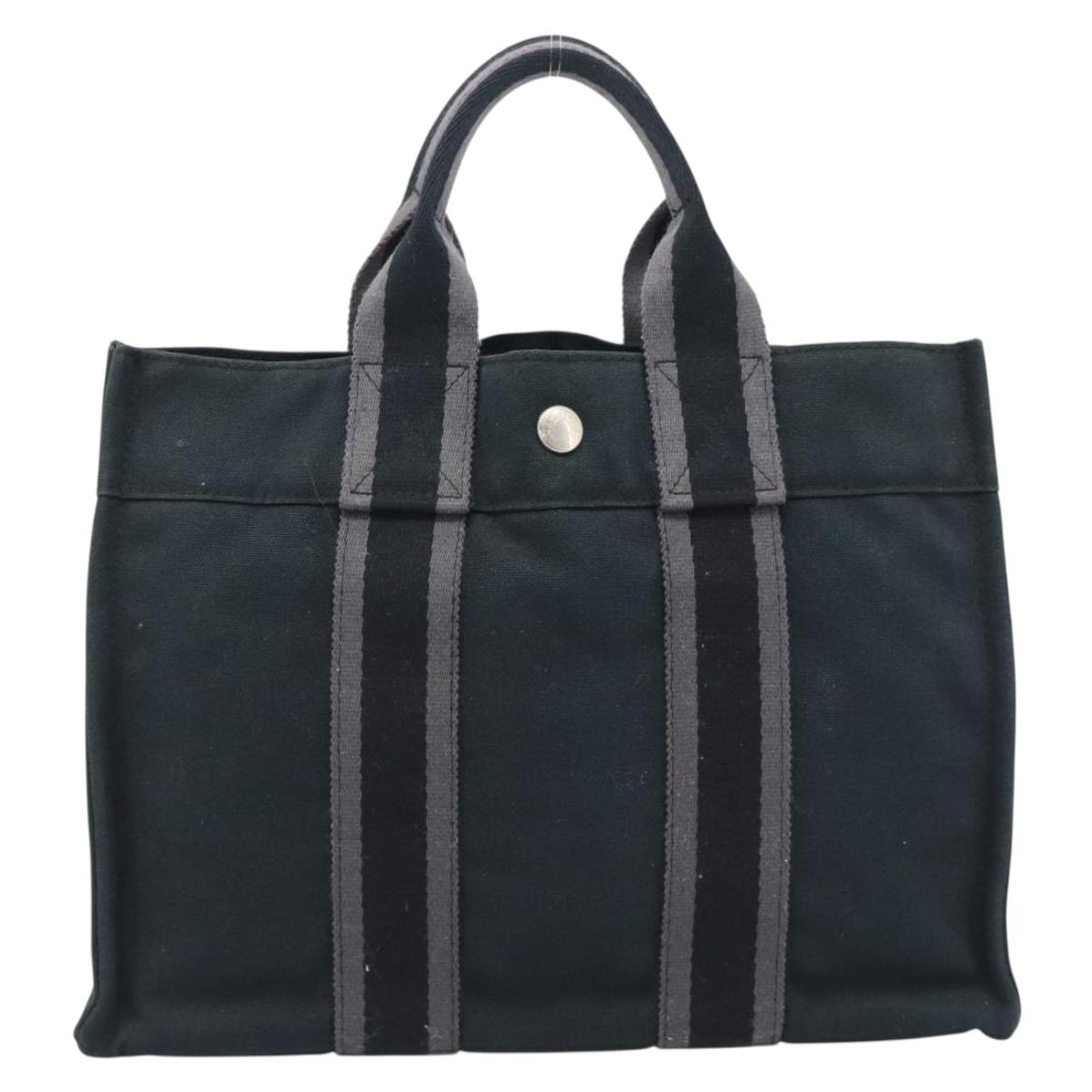 HERMES Fourre Tout PM Hand Bag Canvas Black Silver Auth 194555A
