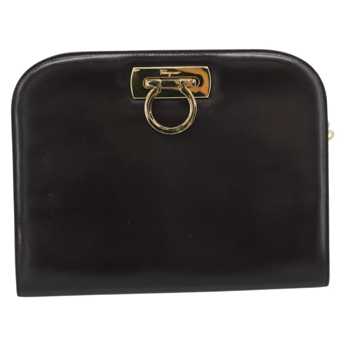 Salvatore Ferragamo Gancini Chain Bag Leather Dark Brown Gold Auth 194570A