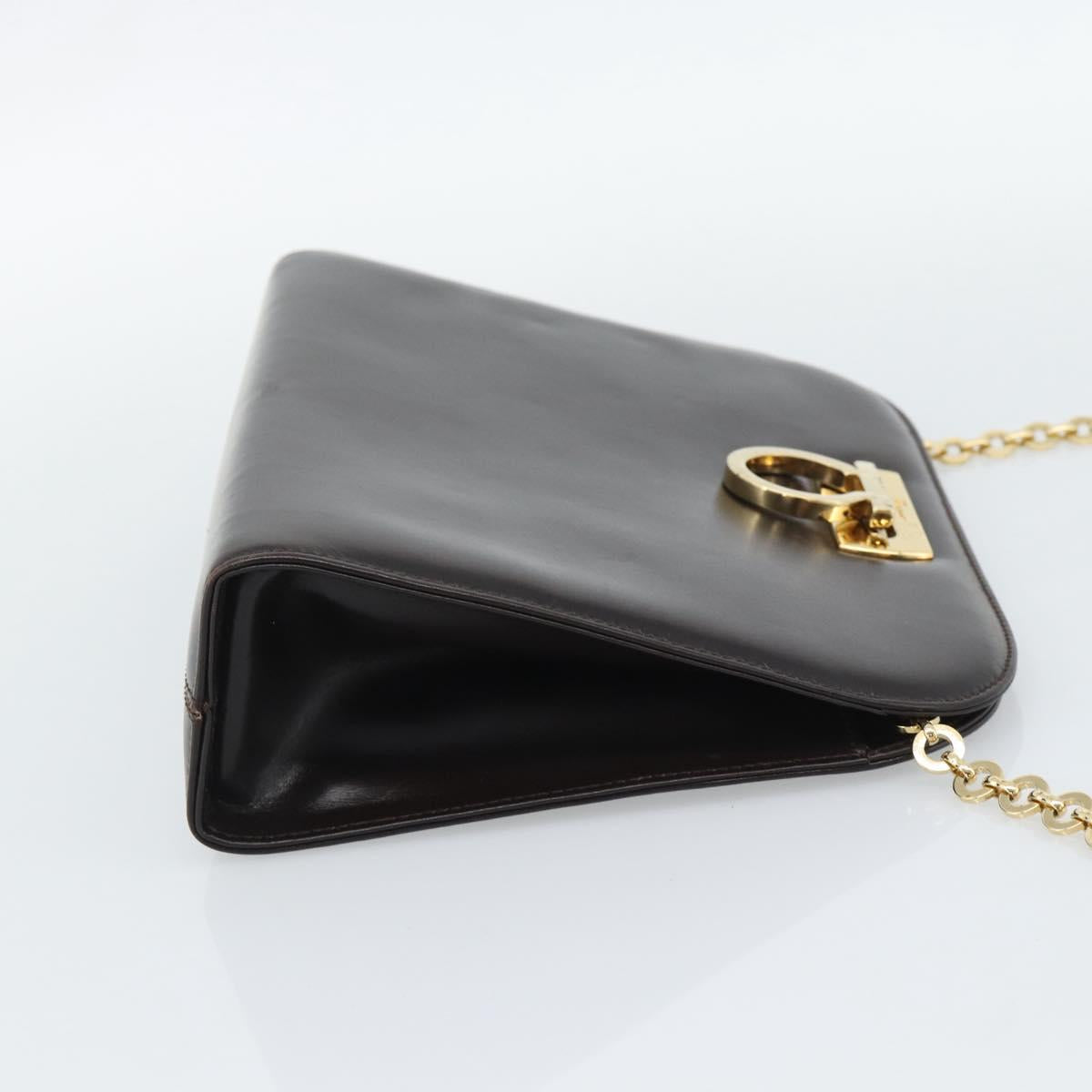 Salvatore Ferragamo Gancini Chain Bag Leather Dark Brown Gold Auth 194570A