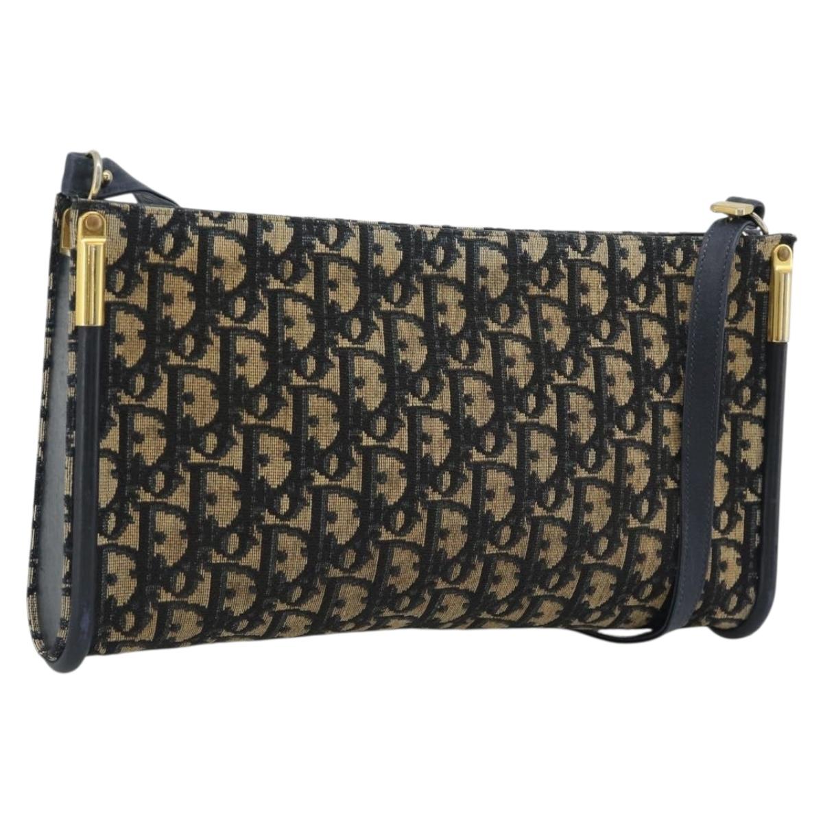 Christian Dior Trotter Canvas Shoulder Bag Navy Gold Auth 194579