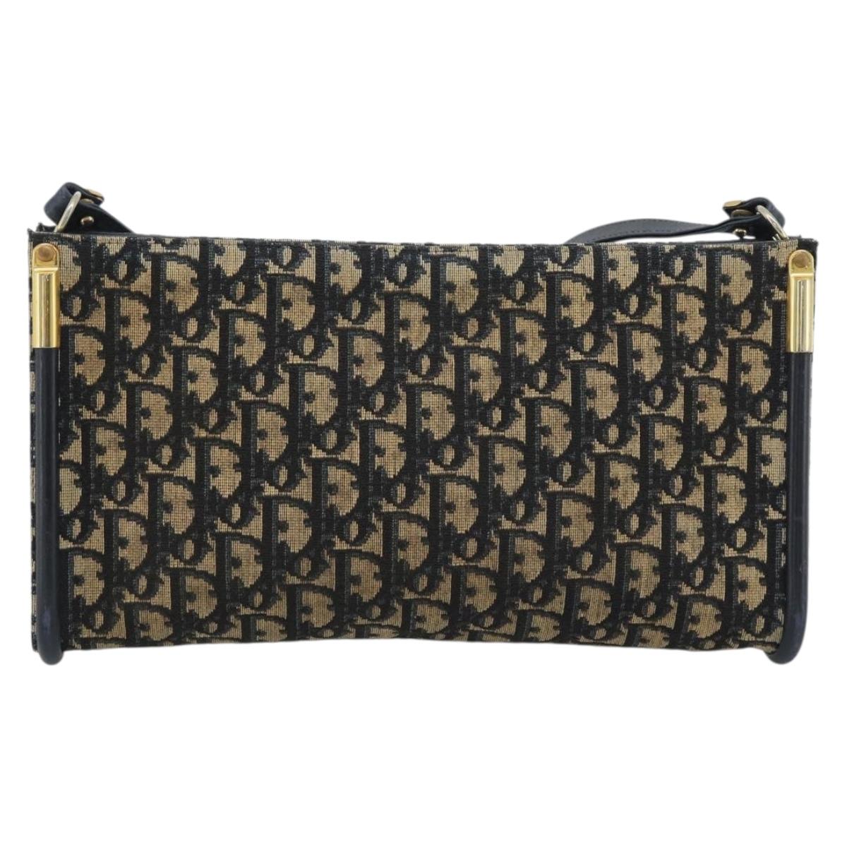 Christian Dior Trotter Canvas Shoulder Bag Navy Gold Auth 194579