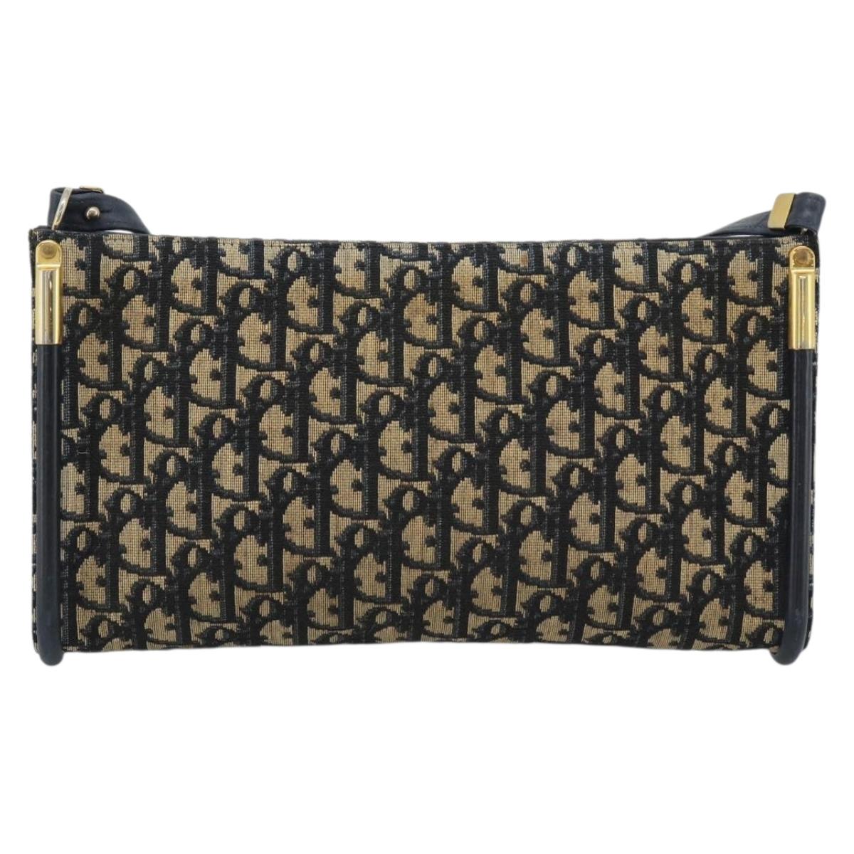 Christian Dior Trotter Canvas Shoulder Bag Navy Gold Auth 194579