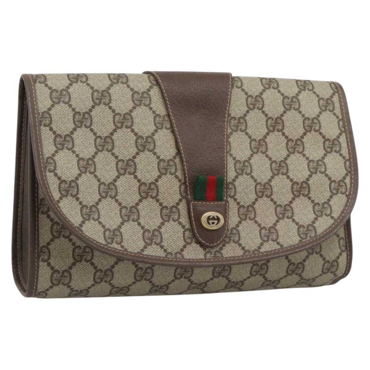 GUCCI GG Supreme Web Sherry Line Clutch Bag PVC Beige 156 01 030 Auth 194580
