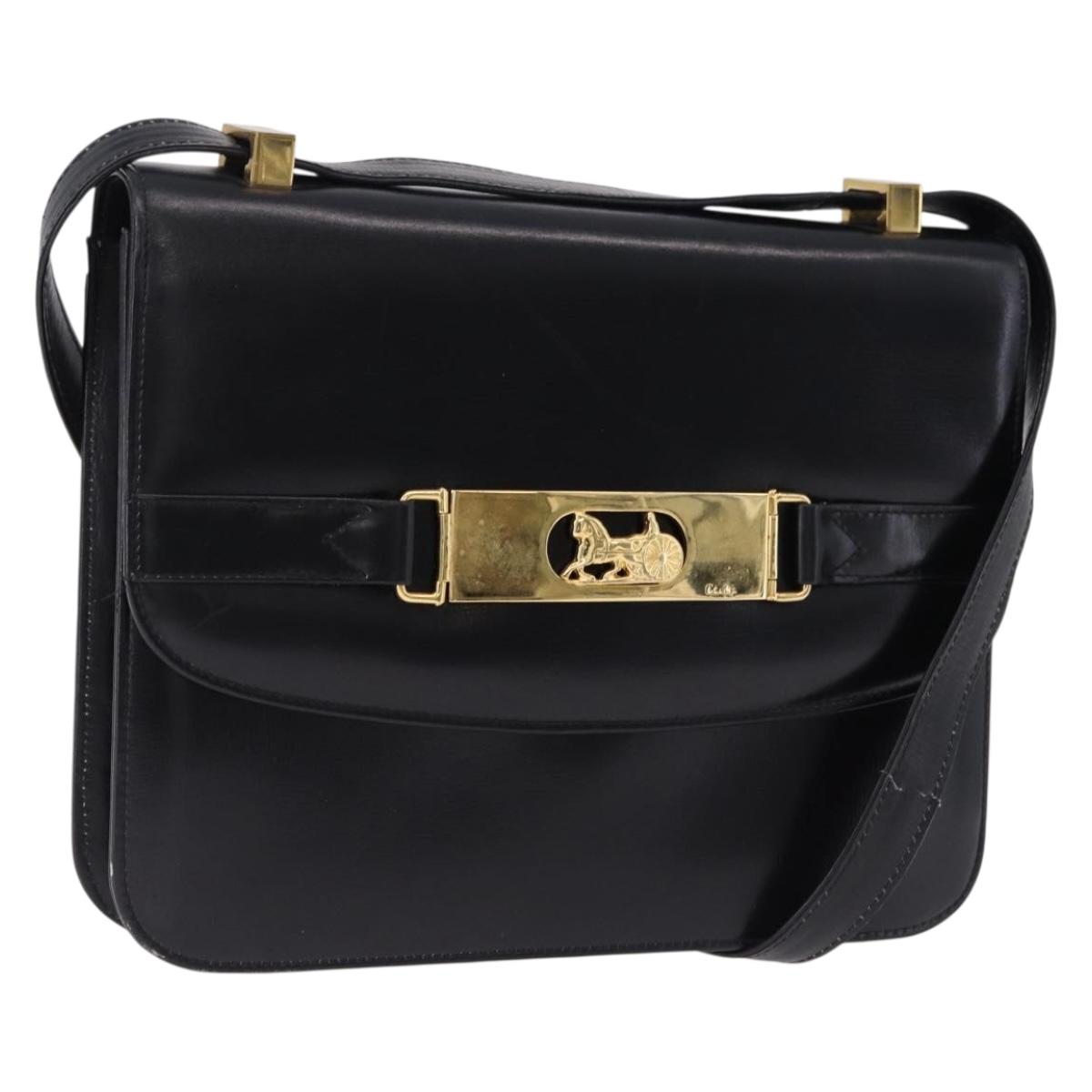CELINE Horse Carriage Shoulder Bag Leather Black Gold Auth 194581
