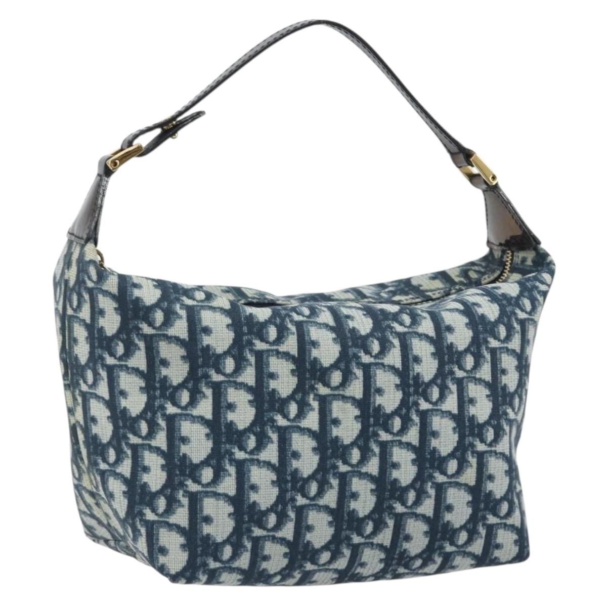 Christian Dior Trotter Canvas Hand Bag PVC Navy Gold Auth 194595V