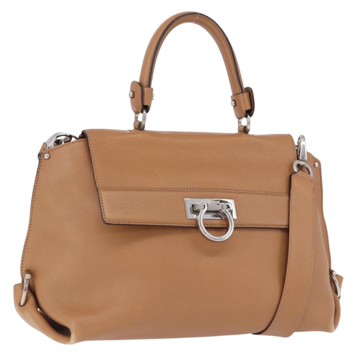 Salvatore Ferragamo Sofia Gancini Hand Bag Leather 2way Beige Silver Auth 194596A