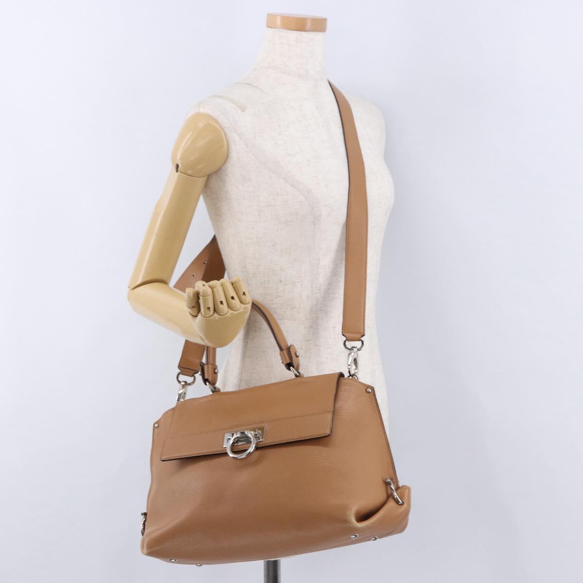 Salvatore Ferragamo Sofia Gancini Hand Bag Leather 2way Beige Silver Auth 194596A