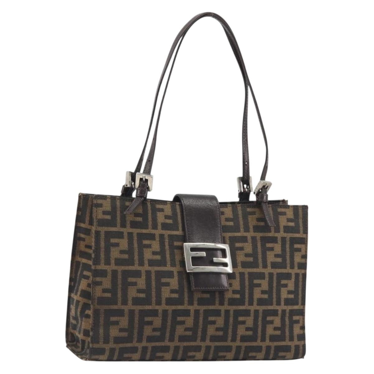 FENDI Zucca Canvas Mamma Baguette Tote Bag Brown Black Auth 194611