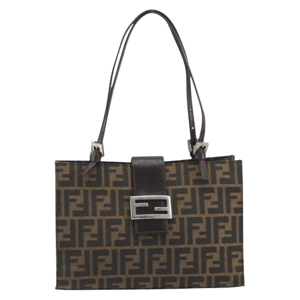 FENDI Zucca Canvas Mamma Baguette Tote Bag Brown Black Auth 194611