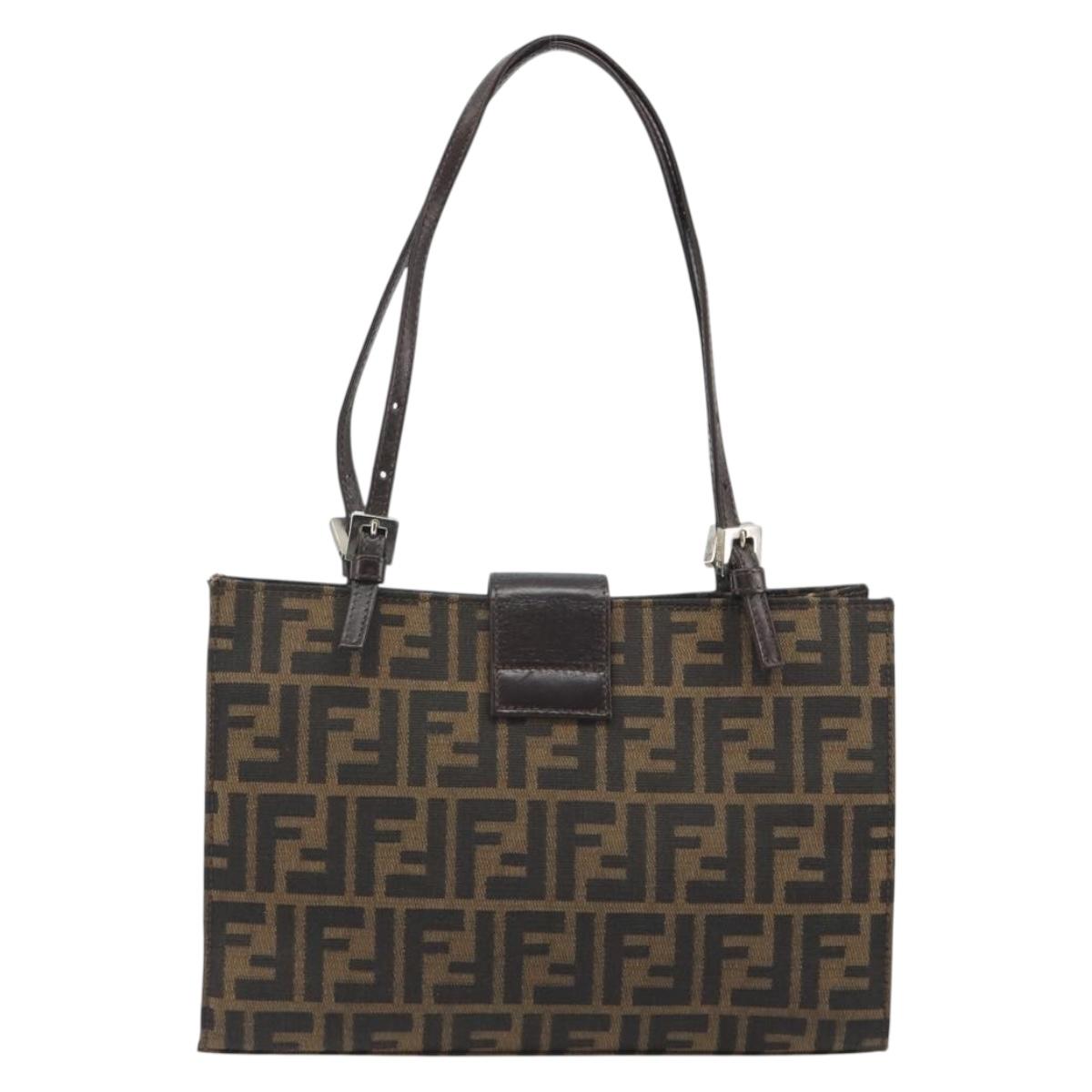 FENDI Zucca Canvas Mamma Baguette Tote Bag Brown Black Auth 194611