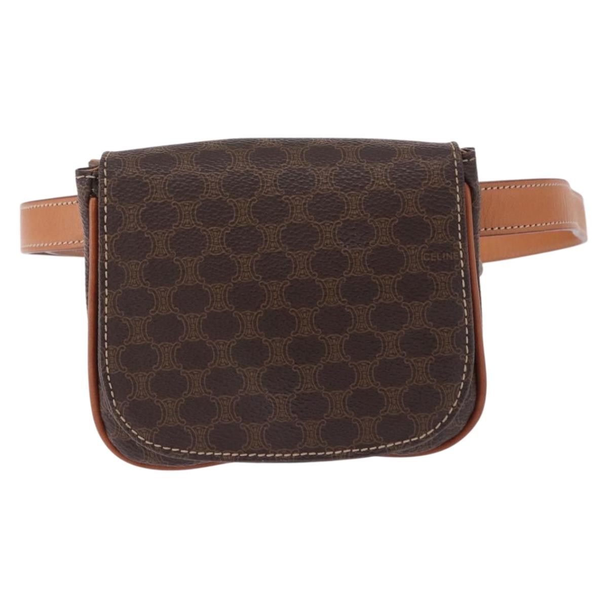 CELINE Macadam Canvas Waist Pouch PVC Leather Brown Gold Auth 194626A
