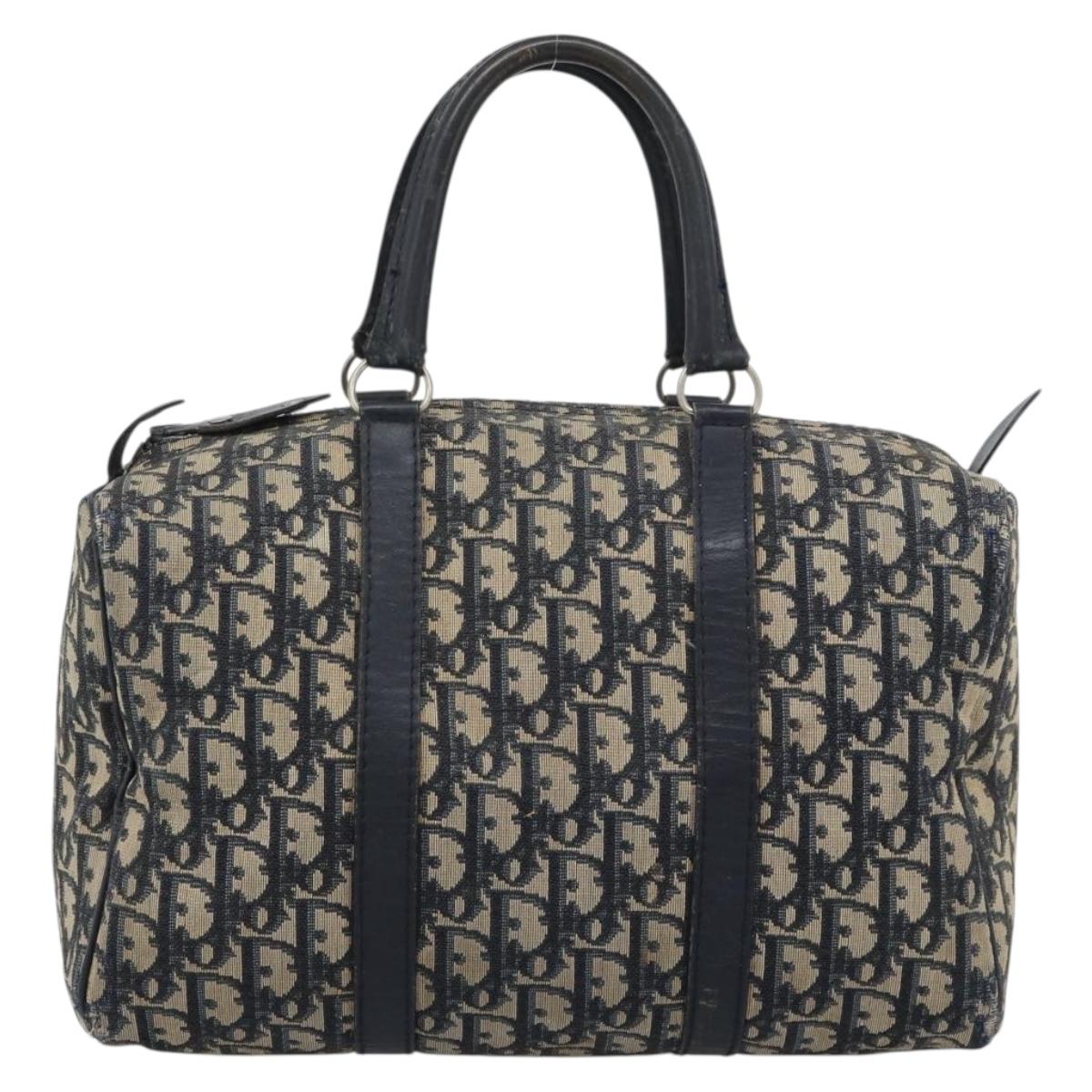 Christian Dior Trotter Canvas Boston Bag Navy Silver Auth 194640