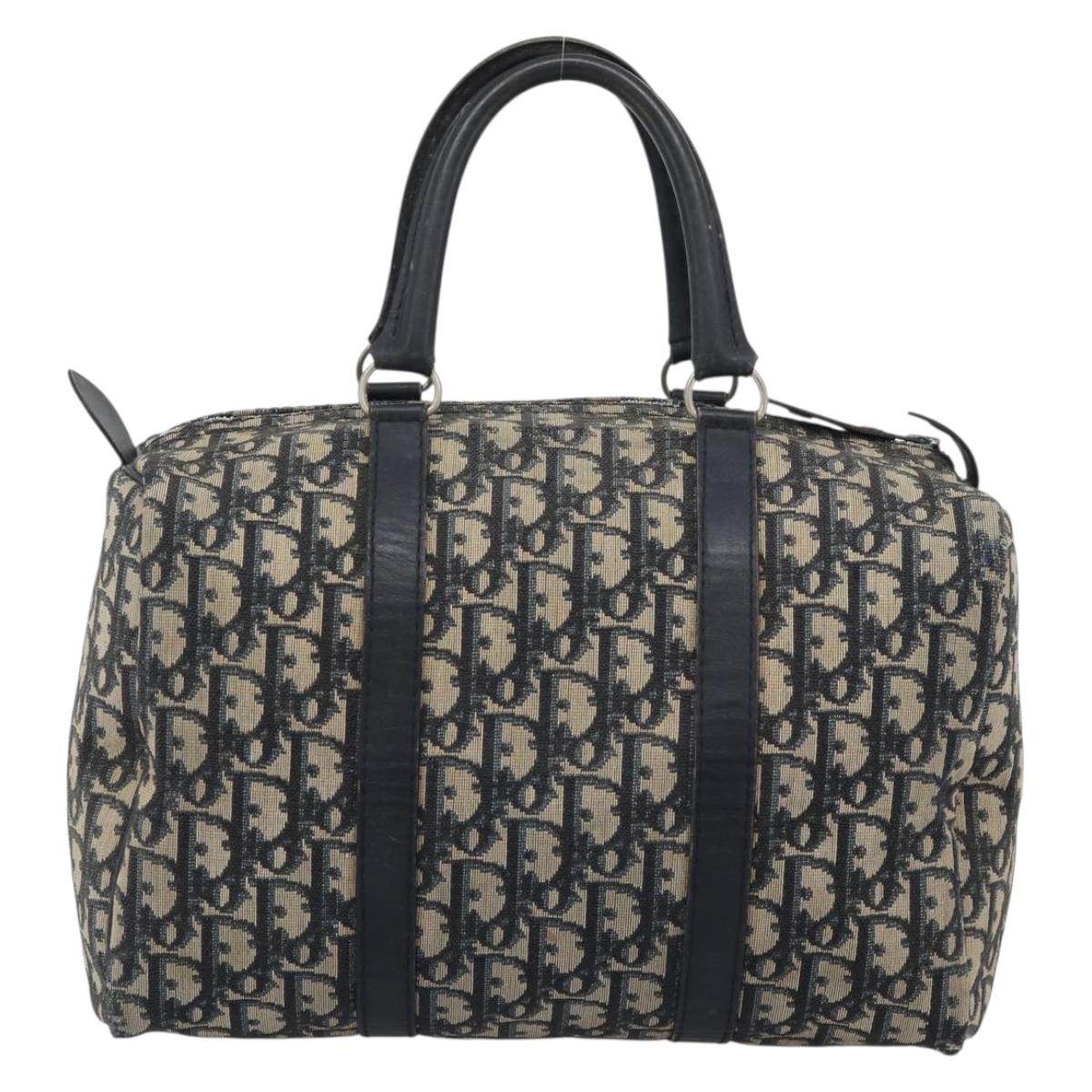 Christian Dior Trotter Canvas Boston Bag Navy Silver Auth 194640