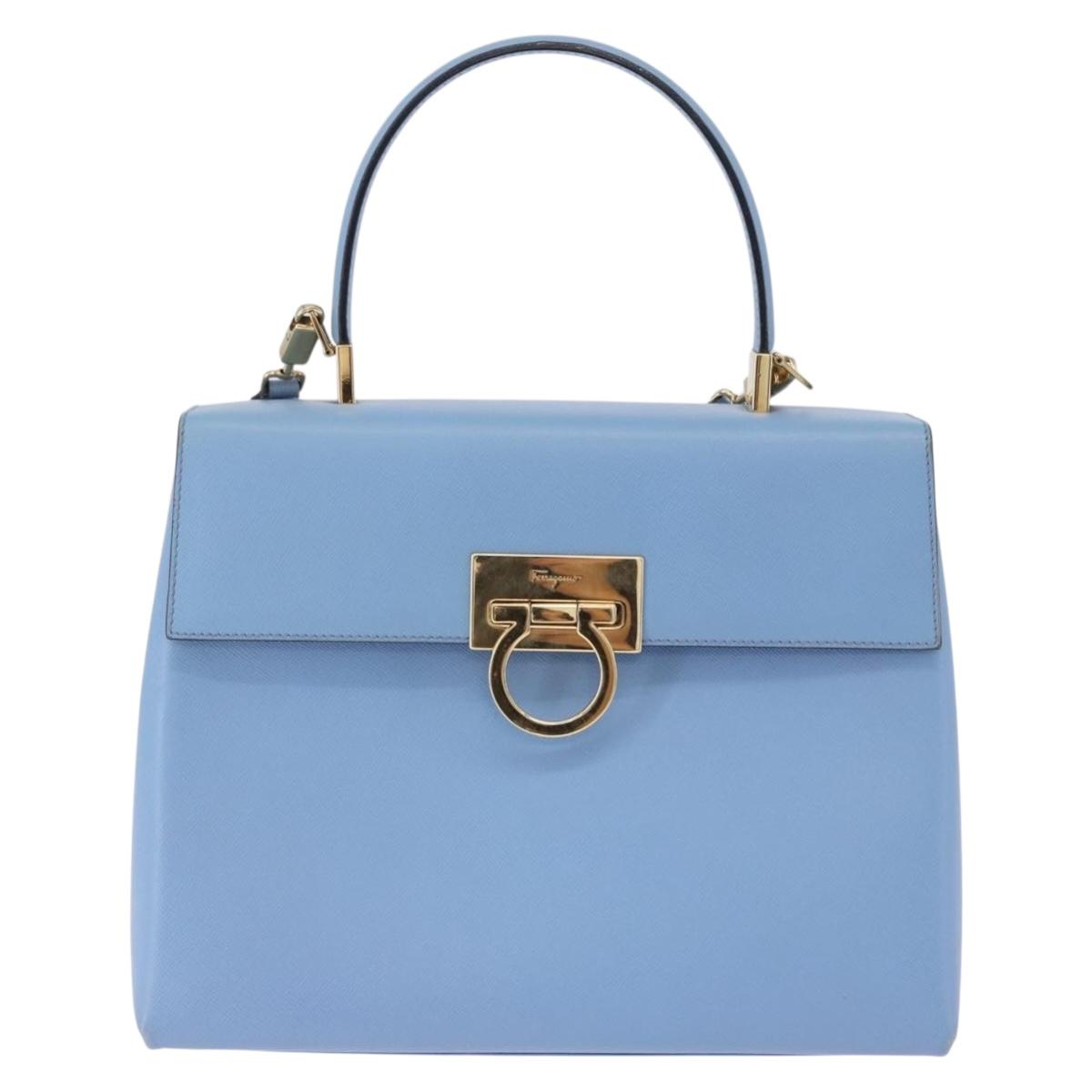 Salvatore Ferragamo Gancini Hand Bag Leather 2way Light Blue Gold Auth 194641A
