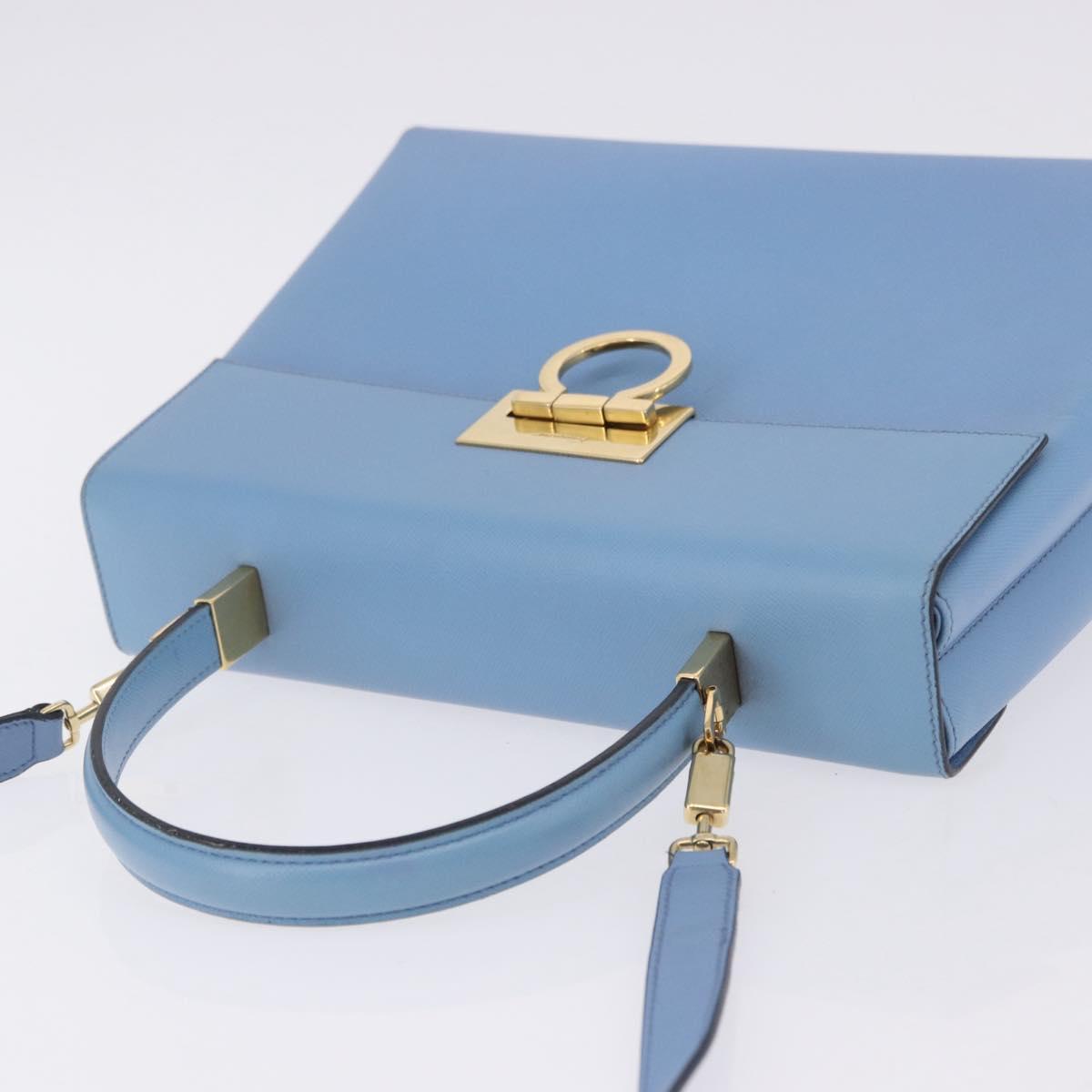 Salvatore Ferragamo Gancini Hand Bag Leather 2way Light Blue Gold Auth 194641A