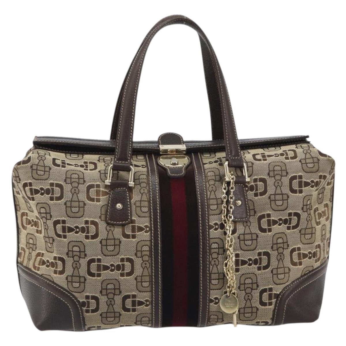 GUCCI Horsebit Sherry Line Boston Bag Canvas Beige Gold 150335 Auth 194651V