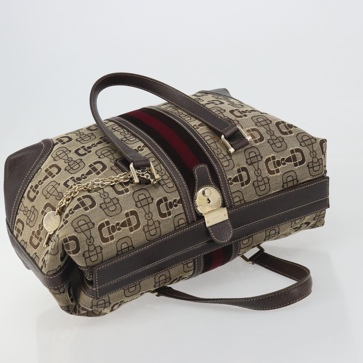 GUCCI Horsebit Sherry Line Boston Bag Canvas Beige Gold 150335 Auth 194651V