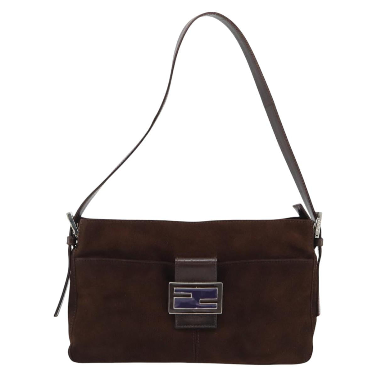 FENDI Mamma Baguette Shoulder Bag Suede Brown Silver Auth 194652V