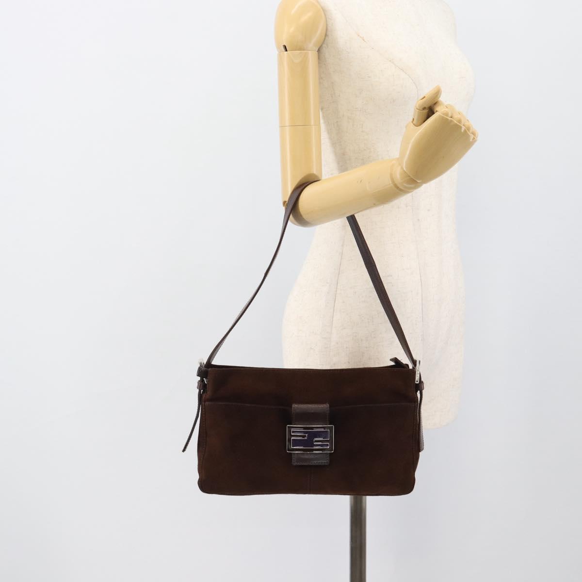 FENDI Mamma Baguette Shoulder Bag Suede Brown Silver Auth 194652V