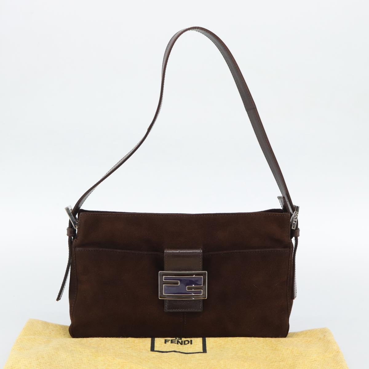 FENDI Mamma Baguette Shoulder Bag Suede Brown Silver Auth 194652V