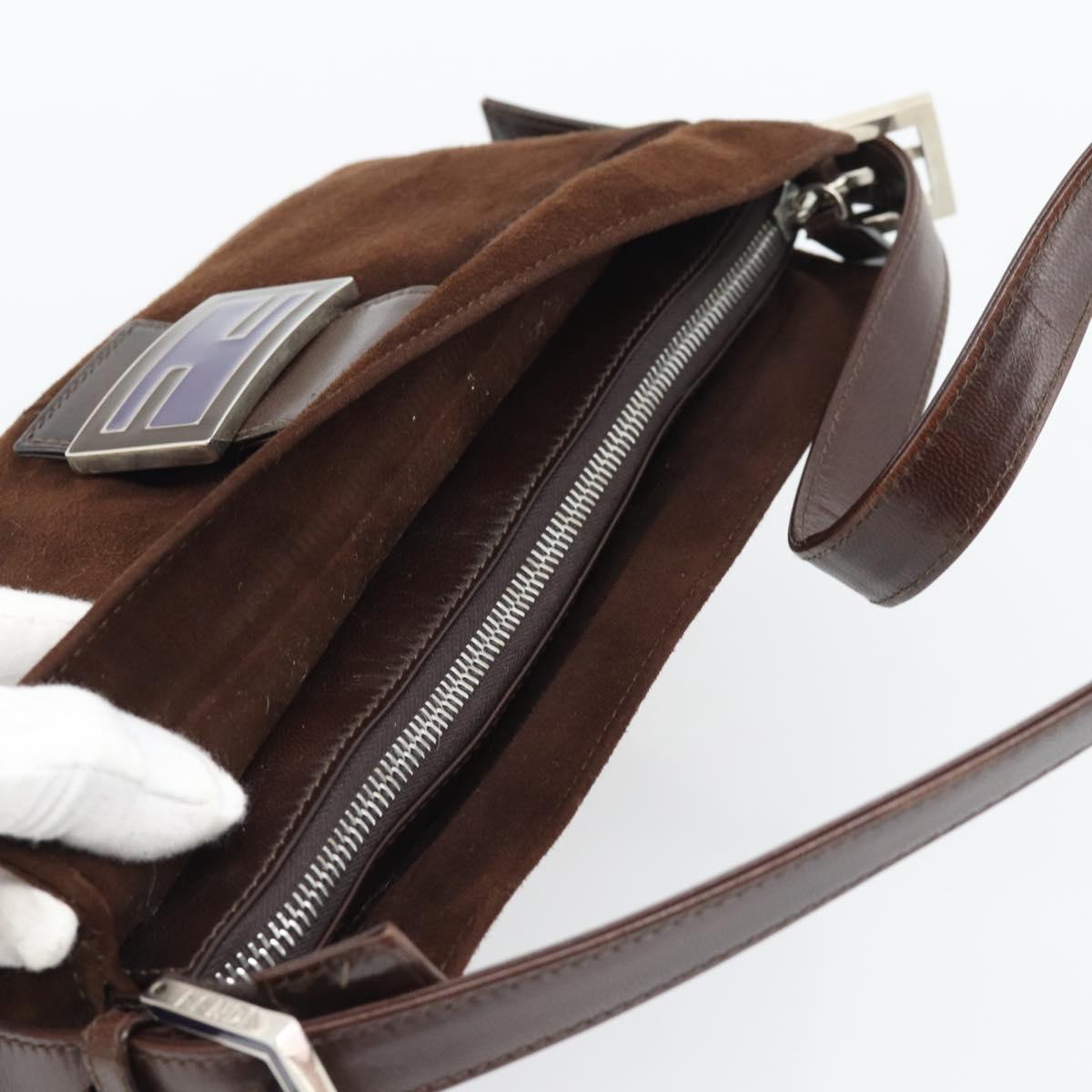 FENDI Mamma Baguette Shoulder Bag Suede Brown Silver Auth 194652V