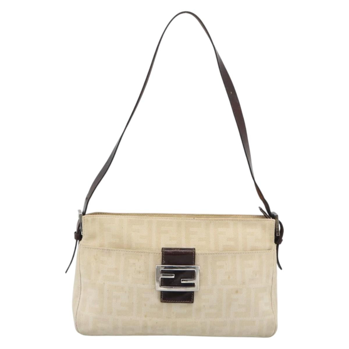 FENDI Zucca Canvas Mamma Baguette Shoulder Bag Ivory Silver Auth 194658