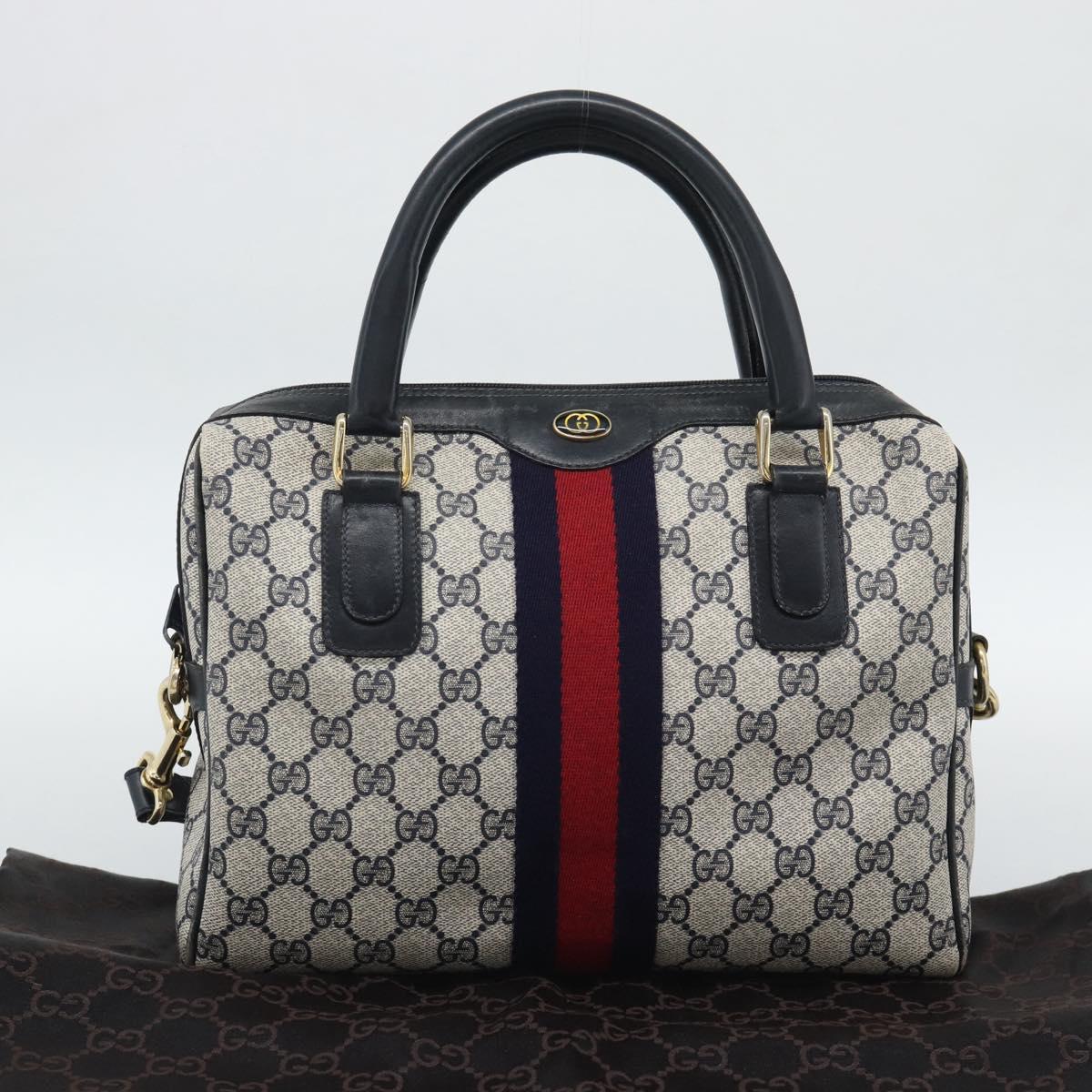 GUCCI GG Supreme Sherry Line Boston Bag PVC 2way Navy Gold Auth 194672V
