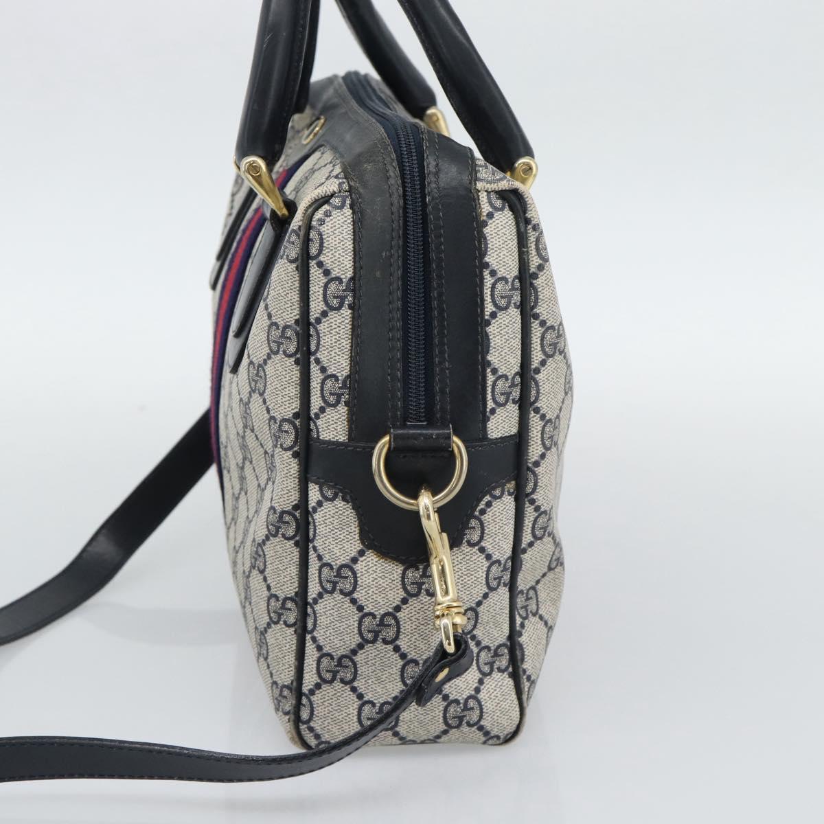GUCCI GG Supreme Sherry Line Boston Bag PVC 2way Navy Gold Auth 194672V