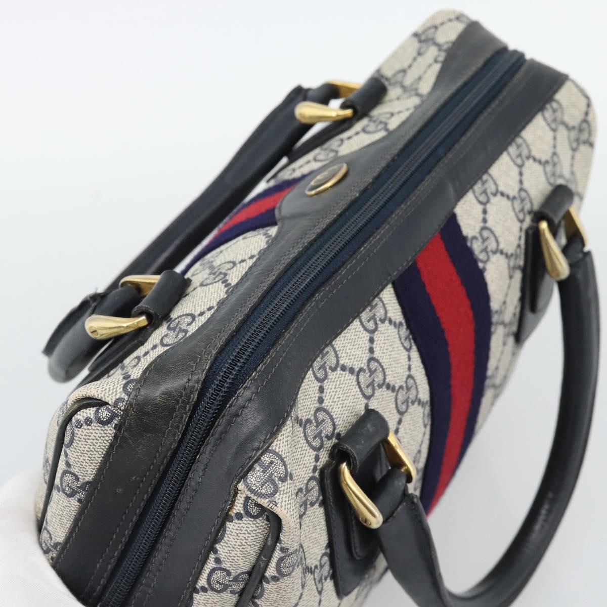 GUCCI GG Supreme Sherry Line Boston Bag PVC 2way Navy Gold Auth 194672V