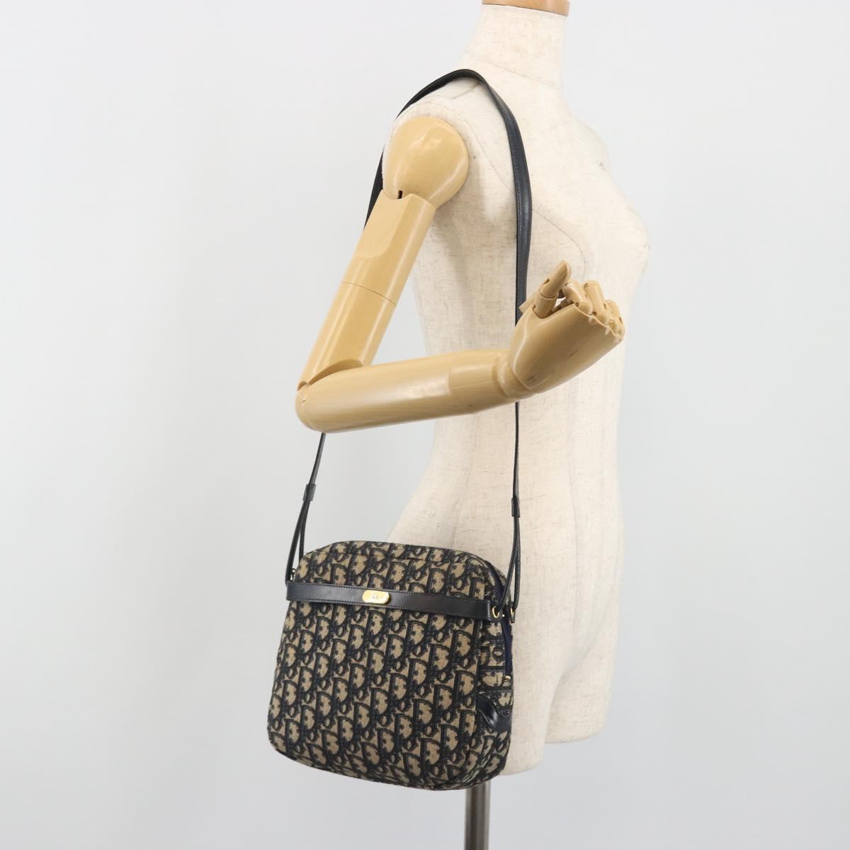Christian Dior Trotter Canvas Shoulder Bag Navy Gold Auth 194680A