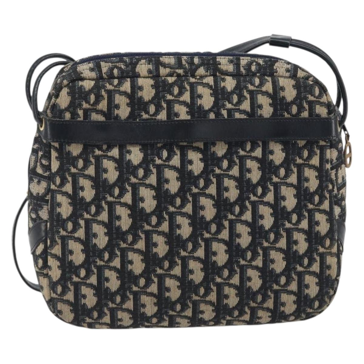 Christian Dior Trotter Canvas Shoulder Bag Navy Gold Auth 194680A