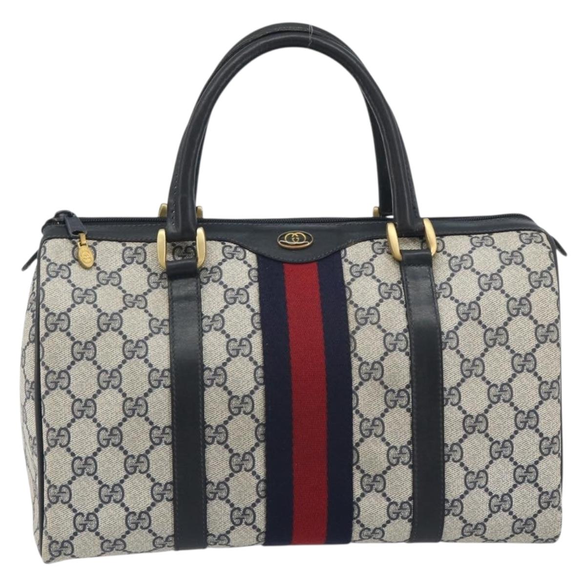GUCCI GG Supreme Sherry Line Boston Bag PVC Navy Gold Auth 194684