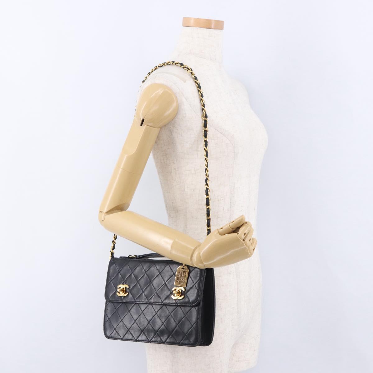 CHANEL Matelasse Chain Shoulder Bag Lamb Skin 2way Black Gold CC Auth 194687SAM